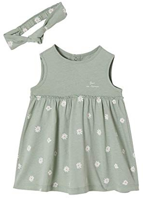 VERTBAUDET Kleid mit Haarband für Baby Mädchen graugrün bedruckt 62