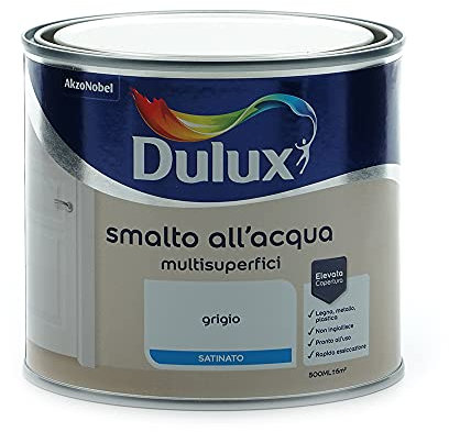 Dulux Smalto Satinato all'Acqua per Metallo Plastica e Legno Pronto all'Uso per Esterni e Interni, 0.5 Litri, Grigio