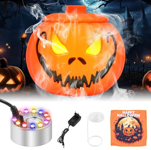 MaxEarn Nebbia nebulizzatore ad ultrasuoni con LED, macchina per nebbia per Halloween, con caldaia a zucca, asciugamano, 12 LED che cambiano colore, paraspruzzi, dispositivo a ultrasuoni per Halloween