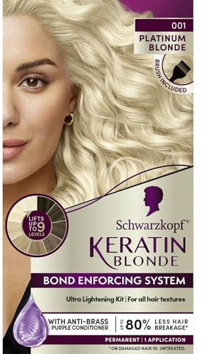 Schwarzkopf Keratin Blonde Hair Dye, 001 High Lift Platinum Blonde, Professional Quality Permanent Hair Color, Bond Enforcing System, Pre-Color Serum & Purple Conditioner Included