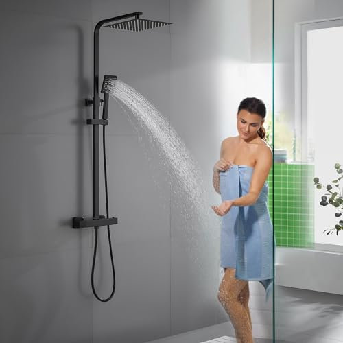 KINKIBOS Black Thermostatic Shower Mixer Set, 25 * 25 cm Square Overhead Rainfall Shower Head, Handheld Shower, Height Adjustable Shower Set, Anti Scald Shower System