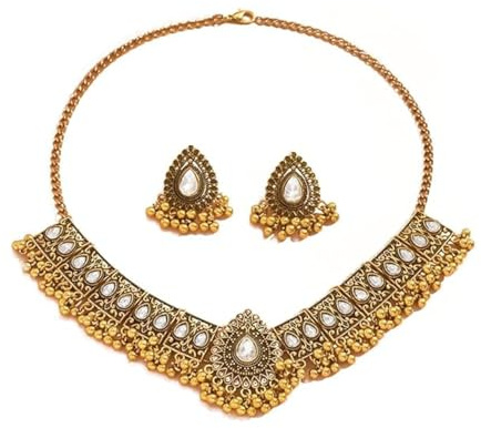 IMINI Set di Gioielli da Sposa Indiani Tradizionali Boemia per Donne e Ragazze Argento Antico Ossidato Collana Orecchini Pompon Bollywood Girocollo Punk Cristallo Regalo Trendy, Metallo