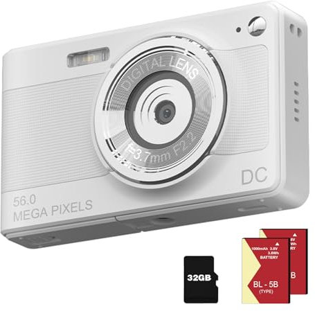 Digital Camera 1080P FHD Compact Camera 56MP Simple Vlogging Camera with 32G TF-Card 2 Batteries Portable for Kids, Teens, Seniors & Beginners (White)