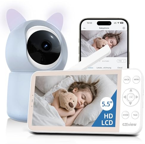 CZEview BM6 Babyphone con fotocamera 2K e 4X, baby monitor HD da 5,5 con app, visione notturna, movimento e rilevamento della temperatura, conversazione a 2 vie, visualizzazione a 360°, musica e luce