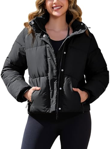 PEHMEA Women’s Cropped Puffer Jacket with Detachable Hood, Winter Warm Full Zip Up Down Coat