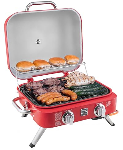 Kenmore Tragbarer Gasgrill - Kleiner 2-Brenner Balkongrill (4,1 kW) - BBQ Grill ideal für Camping, Camper und Balkon - 58 x 48 x 39 cm - Campingaz Grill - Tisch-Gasgrill (Rot - 50 bar)