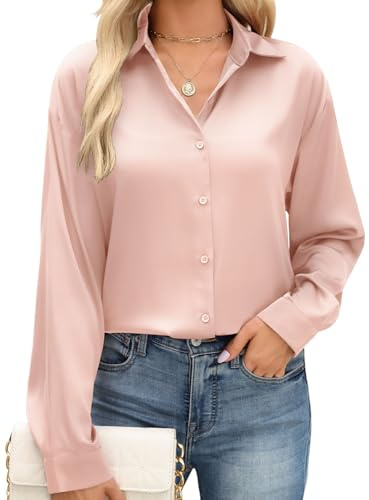 CMTOP Womens Blouse Satin Shirts Casual Long Sleeve Button Down Shirts Elegant V Neck Ladies Loose Fit Office Work Going Out Tunic Top Basic T Shirts (Pink, L)