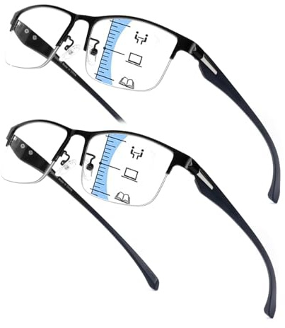 Hubeye Gafas de lectura Multifocales Progresivas para Mujeres y Hombres Marco Metálico Cuadrado Anteojos de lectura de Metal Gafas anti luz azul (Negro+Negro, 1.50)