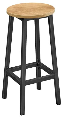 NMK HOME Barhocker rund 65 cm hoch – Küchenhocker mit Metallgestell schwarz und Sitzfläche Eiche, Stabiler Hocker mit Fußstütze für Küche oder Bar