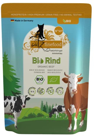 catz finefood Comida orgánica para Gatos de Vacuno, Comida húmeda monoproteína en Calidad orgánica para Gatos, Dieta Adecuada con un 94% de Contenido de Carne, Fabricado en Alemania (6 x 85 g)