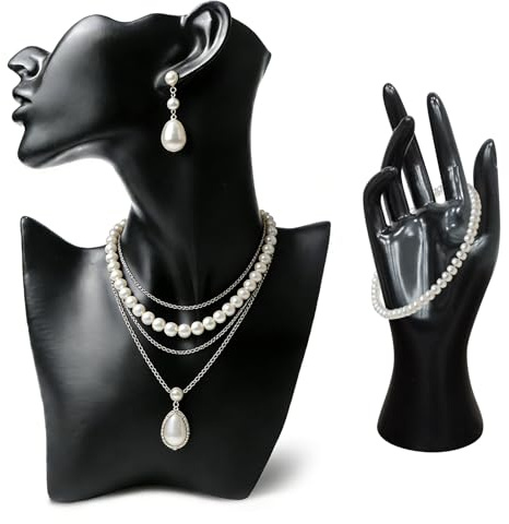 GBKDQQ Supporto per gioielli, set da 2 pezzi, con busto e guanto, supporto per busto, display per gioielli, espositore per orecchini e bracciali (nero)
