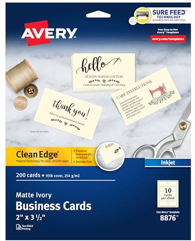 Avery Clean Edge Printable Business Cards with Sure Feed Technology, 2 x 3.5, Ivory, 200 Blank Cards for Inkjet Printers (08876)