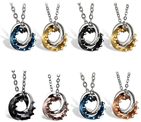 JewelryWe Smycke, 2 vänskapskedjor, krona, ring, rostfritt stål, partner, hänge med 45 cm och 54 cm kedja, halsband för kvinnor och män, 4 olika modeller valbara, gratis gravyr, Kubisk zirkon