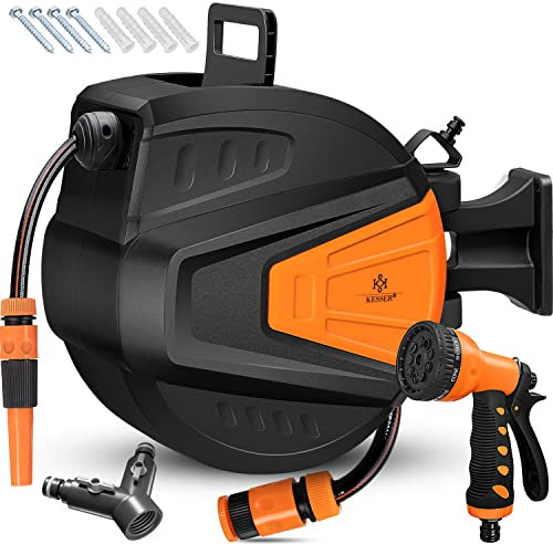 KESSER® Enrouleur de tuyau enrouleur de tuyau eau | Douchette multi-usage | Pivotant à 180° | Arrêt d'enroulement | Support mural | Boîtier mural pour le tuyau | Enrouleur de tuyau d'eau | 15 m