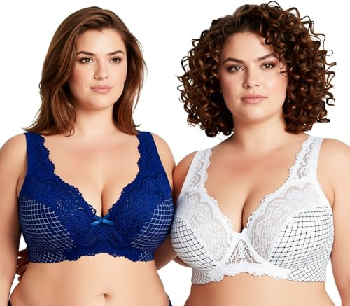 Curve Muse Reggiseno Riducente Ferretto Sfoderato Pizzo-x2-Burro,Blu-7E