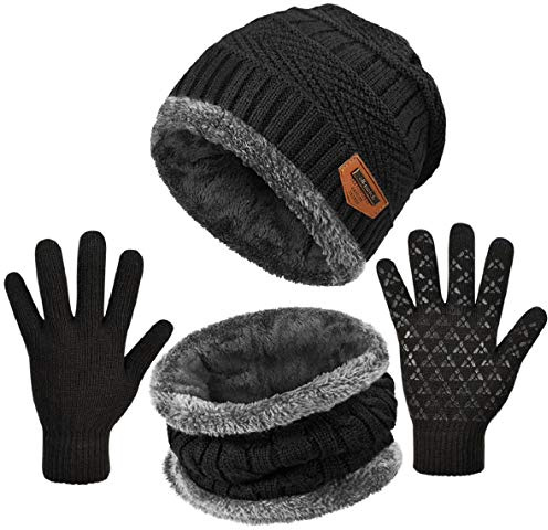 Voqeen Gorras Invierno con Bufanda y Suave Encantador Invierno Guantes Táctiles Antideslizante 3 en 1 de Punto Sombreros para Mujeres y Hombres (Negro)