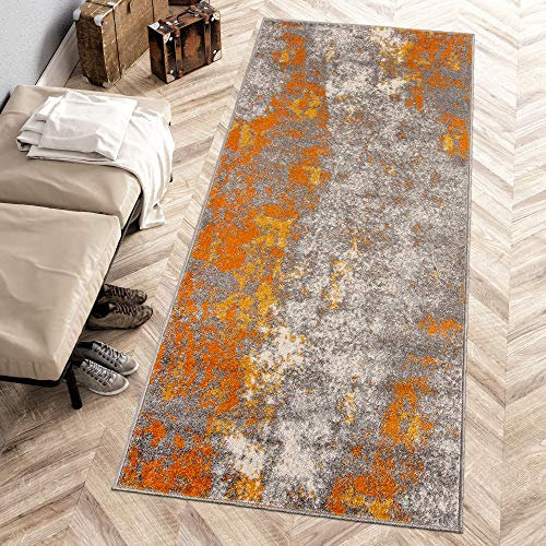 Carpeto Rugs Modern Läufer Flur Teppich Abstrakt Muster - Kurzflor Teppichläufer für Flur, Küche, Schlafzimmer, Esszimmer - Flurläufer in Versch. Größen und Farben - Orange Grau 80 x 300 cm