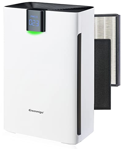 Greenmigo Purificatore d'Aria Silenzioso con Filtro HEPA 3 in 1 e Carbone Attivo, Ionizzatore, Timer, 60m², 320m³/h, Elimina Odori Cucina Fumo Polvere Muffa Pet Dander, per Casa Ufficio