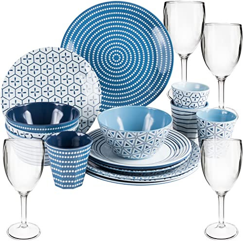 Melamin Camping Geschirr und Glas Set für 4 Personen - 20 Teile - Campinggeschirr - blau weiß - mit Weinglas 290 ml - Gläsern - Essgeschirr
