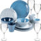 Melamin Camping Geschirr und Glas Set für 4 Personen - 20 Teile - Campinggeschirr - blau weiß - mit Weinglas 290 ml - Gläsern - Essgeschirr