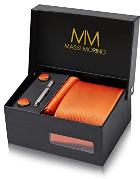 Massi Morino Krawatte Orange mit Einstecktuch Set Herren inkl. Manschettenknöpfe, Krawattennadel und Geschenkbox | Männer Krawattenset zur Hochzeit