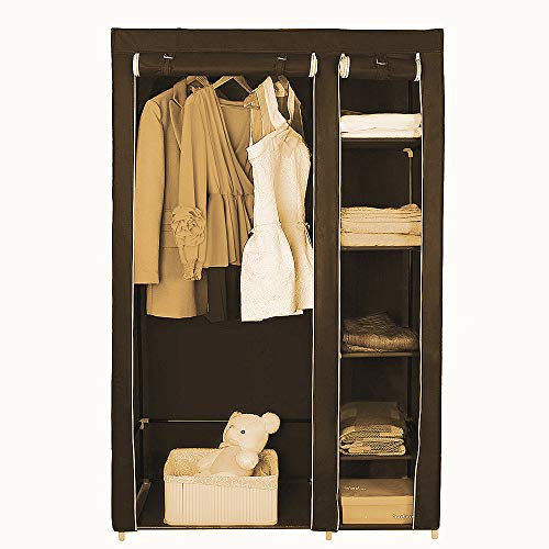 HUOLE Armadio Guardaroba Pieghevole 110 * 45 * 178cm in Marrone,Cabina Tessuto con Anta Richiudibile, 6 Scomparti,Appendiabiti,Camera da Letto Custodia de Campeggio