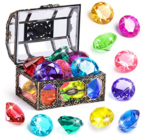 Diving Gem Pool Toy 10PCS DISHIO Big Colorful Diamond Diving Toy with Treasure Box Chest Pirate Pool Toys for Kids Toddlers Underwater Sinking Dive Gemstone for Swimming Bath Birthday Party Decoration