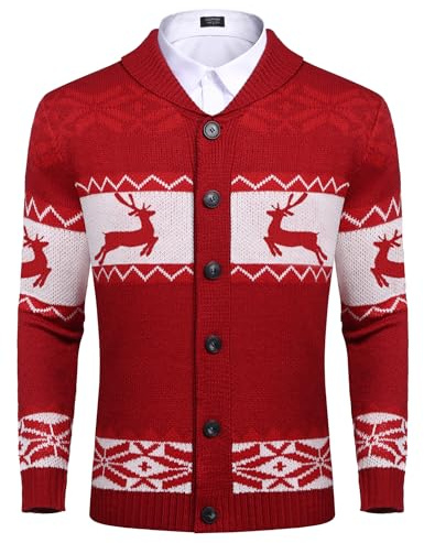 COOFANDY Men's Cardigan Christmas Sweater Knitted Sweater Reindeer Norwegian Ugly Sweater with Shawl Collar A-Red L