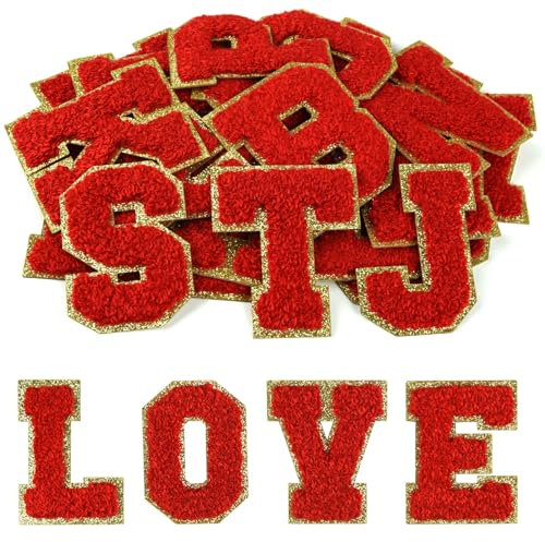 Morcheiong 26 Stück selbstklebende Chenille-Buchstaben-Aufnäher von A bis Z, Buchstaben zum Aufbügeln für selbstgemachte Kleidung, Stoffe, Schuhe, Taschen (Rot)