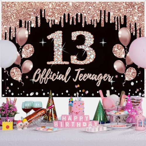 13. Geburtstag Dekoration für Mädchen, Party Dekoration Schwarz und Roségold Stoffschild Hängeposter, 13. Geburtstag Hintergrund Banner Party Willkommensschild, Official Teenager