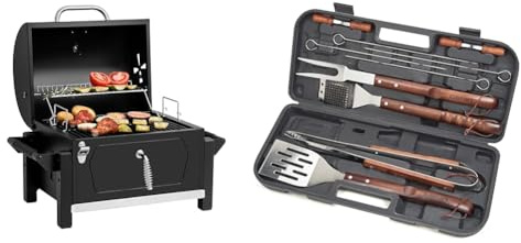 Royal Gourmet CD1519 Portable Charcoal Grill with Two Side Handles, Compact Outdoor & Cuisinart CGS-W13 Wooden Handle Tool Set, Black (13-Piece)