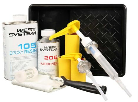 Epoxidharz Set | A-Pack 105-205A/206A + Minipumpenset 301-5A (Mix 5:1) + Zubehör (Walze, Roller, Glasgewebeband (1m²) | Reparatur, Benetzung, Verklebung: Boot, Auto, Holz, GFK (105-206 - langsam)