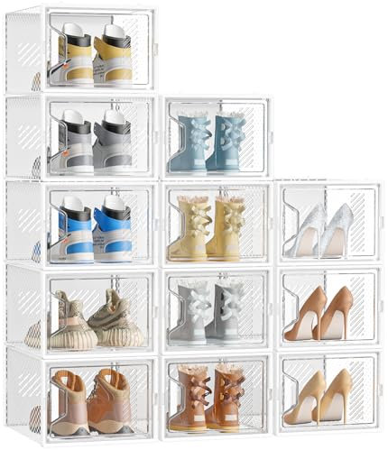 SIMPDIY Large Shoe Storage Box,12 pcs Shoe Boxes Clear Plastic Stackable, Shoe Organizer Containers with Lids for Women/Men,Fit UK 12