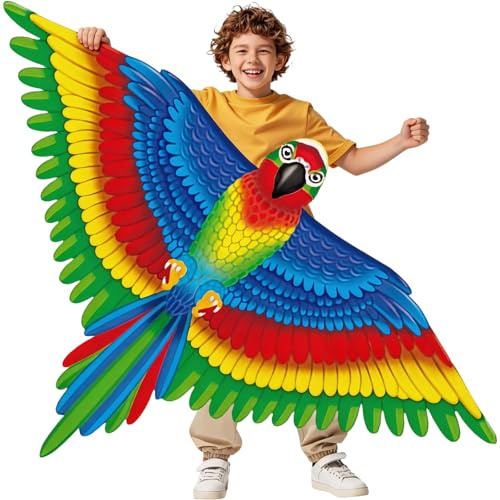 Aquilone grande per pappagalli, 130 x 96 cm, colorato a linea singola, per principianti, con coda lunga, manico e lenza, per bambini e adulti, spiaggia e attività all'aperto