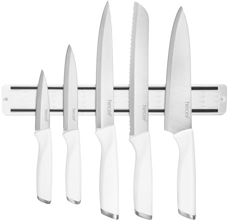 hecef Set Couteaux de Cuisine avec Porte Couteaux Aimanté, 5 Pièces Couteaux Cuisine Tranchants avec Barre Aimantée pour Couteaux, Couteaux Acier Inoxydable pour la Viande et les Légumes (blanc)