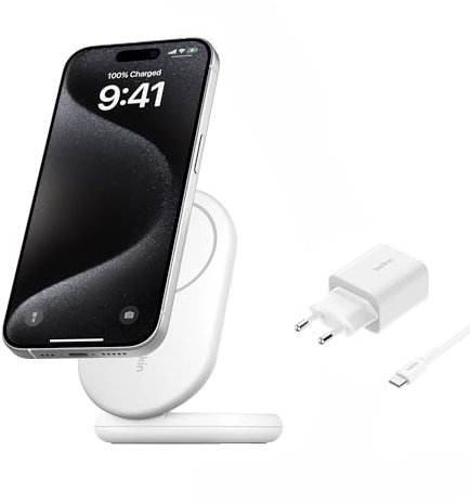 Belkin BoostCharge Caricabatteria Wireless Magnetico e pieghevole Qi2 da 15W, Caricatore Rapido portatile Compatibile con MagSafe e StandBy - iPhone 17, Air, Pixelsnap - Alimentatore incluso - Bianco