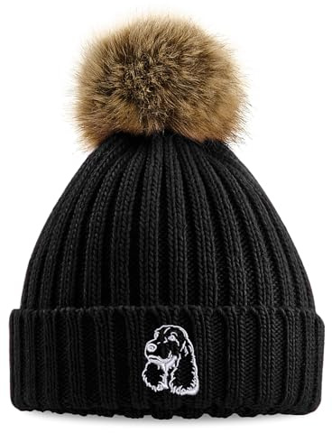 Lila tryck hus cocker spaniel broderad fuskpäls pom pom mössa vinter promenader broderi tjock damhatt, Svart, one size