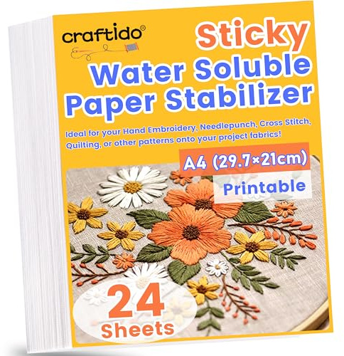 Craftido A4 24PCS (29.7x21cm) Stabilisateur de Broderie Auto-Adhésif Soluble dans l'eau Papier à dissoudre, Poids Moyen Autorisé pour l'impression ou le dessin de motifs, Broderie à machine et à main