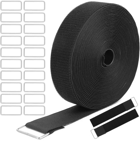 PercyEffie 2 x40 ft Reusable Cinch Strap with 20 Metal Buckles, Hook and Loop Securing Strap Cable Ties for Cable Tidy, Wire Management, Cord Organiser, Black