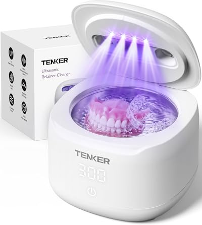 TENKER Máquina limpiadora ultrasónica de retenedores, limpiador ultrasónico de dentaduras postizas de 49 kHz para protectores nocturnos, frenos, alineadores, cepillos de dientes