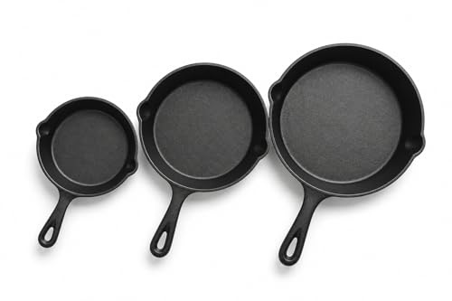Cast Iron Skillet Set of 3 (20cm, 25cm, 30cm) Pre-Seasoned Frying Pan for Induction, Gas & Oven-Heavy Duty Cooking Pan for Kitchen & BBQ