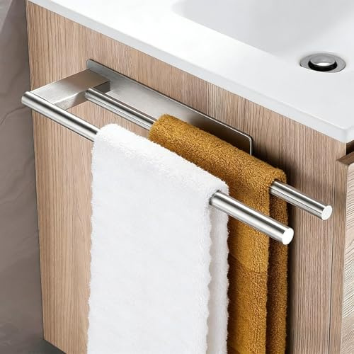 FALSKT Porte Serviette sans Percage en Acier Inoxydable 304 Argent 39CM | Porte Serviette Mural Double Porte Serviette Salle de Bain sans Percage avec 2PCS Support Adhésif pour Salle De Bain et Cuis