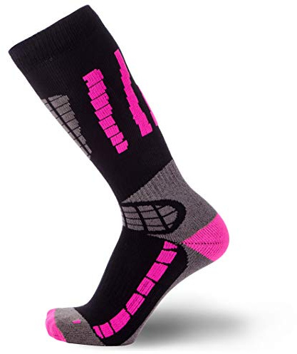 Pure Athlete Youth Ski Socks - Merino Wool Children Skiing/Snowboard Sock - Junior OTC Ski Socks (XS/S, Black/Neon Pink)