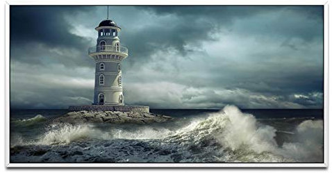 Leuchtturm im Meer ca. 130x70cm Wandbild inklusive Schattenfugenrahmen weiss - Panorama Leinwand Bild XXL Format Wandbilder Wohnzimmer Wohnung Deko Kunstdrucke