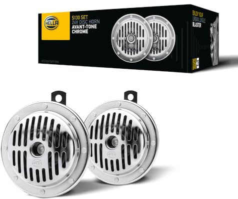 HELLA Horn - HEAVY DUTY HORN S130 SET - 24V - 118dB(A) - Frequenzbereich: 280/380Hz - Tiefton/Hochton - elektrisch - Gehäusefarbe: chrom/schwarz - Menge: 2 - 3CB 004 811-071