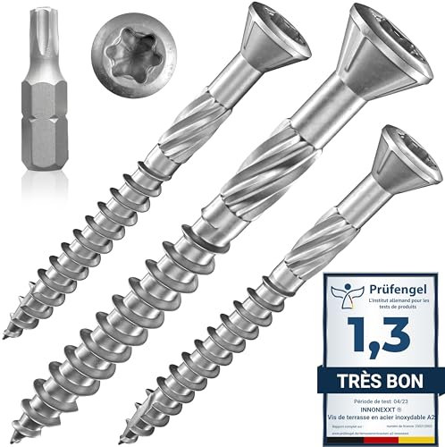 INNONEXXT Tornillos para terraza Muesca de corte Torx | A2 TX25-5,0x60mm - 200 uds| Tornillos para tarimas de acero inoxidable de primera calidad con recubrimiento deslizante, tornillo tarima madera