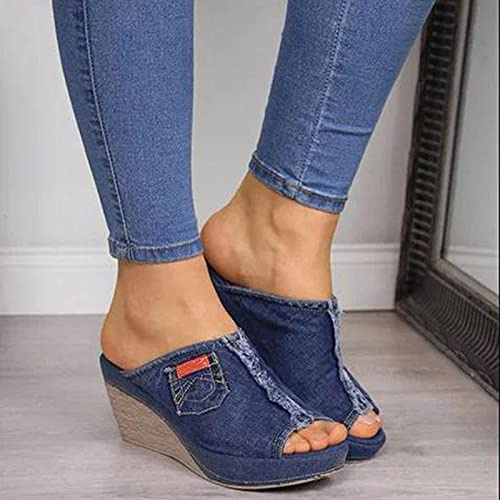 HHZY Ciabatte Zeppa Donna Espadrillas Tessuto Sandali Punta Chiusa Estive con Plateau Eleganti Comode Fondo Spesso Stile Cowboy Antiscivolo Pantofole Scarpe da Spiaggia,Blu,US10/EU41