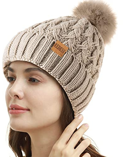 REDESS Cappello Invernale da Donna con Pompon con Pompon Cappelli Caldi Foderati in Pile, Berretto Incrociato in Maglia di Neve Spessa e Morbida per Le Signore