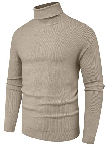 Hisir Maglione da uomo a collo alto, invernale, in lana lavorata a maglia, a maniche lunghe, tinta unita, a collo alto, morbido, 02 kaki., L