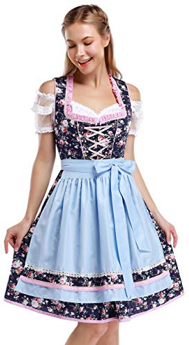 KOJOOIN Women Traditional Dirndl Oktoberfest Costume 3 Pieces Fancy Midi Skirt - Dress, Blouse, Apron Floral Sky Blue UK M
